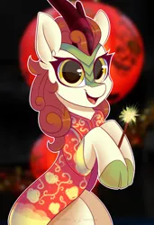 Size: 1772x2598 | Tagged: artist:shadowreindeer, autumn blaze, awwtumn blaze, bipedal, blood moon, cheongsam, chinese new year, clothes, cute, derpibooru import, female, kirin, looking at you, moon, safe, smiling, solo, sparkler (firework)