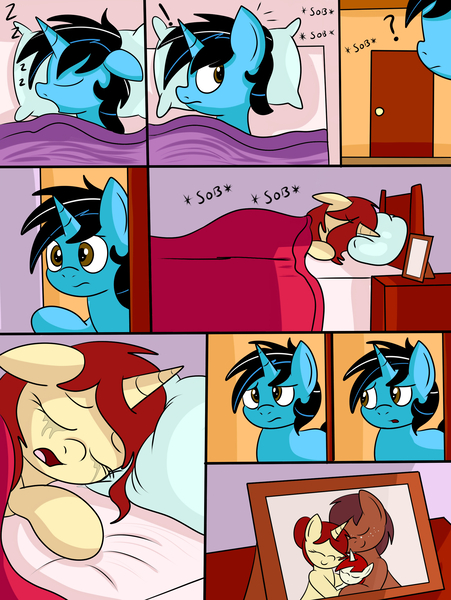 Size: 1880x2500 | Tagged: safe, artist:an-tonio, artist:thecoldsbarn, derpibooru import, oc, oc:cold dream, oc:copper plate, oc:golden brooch, pony, comic:you'll never sleep alone, bed, bedroom, comic, crying, engrish in the description, goldream, implied death, onomatopoeia, photo, sad, sleeping, sound effects, zzz