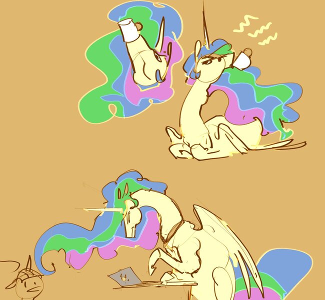 Size: 1200x1107 | Tagged: safe, artist:alumx, derpibooru import, princess celestia, alicorn, pony, computer, drinking, female, food, grumpy, horn, laptop computer, long neck, lying down, simple background, sitting, sketch, solo, tea, typing, wings