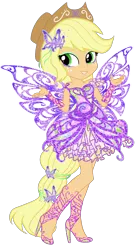 Size: 1400x2600 | Tagged: safe, artist:gihhbloonde, derpibooru import, applejack, fairy, human, equestria girls, applejack also dresses in style, blue wings, butterflix, clothes, cowboy hat, crossover, dress, fairy wings, fairyized, female, hat, high heels, humanized, ponied up, pony ears, purple wings, rainbow s.r.l, shoes, simple background, smiling, solo, stetson, tecna, transparent background, winged humanization, wings, winx club