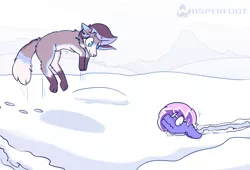 Size: 1327x900 | Tagged: safe, artist:whisperfoot, derpibooru import, oc, oc:berry frost, unofficial characters only, fox, pony, cute, jumping, patreon, patreon reward, snow, tracks, winter