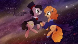 Size: 1366x768 | Tagged: safe, artist:lissystrata, derpibooru import, doctor whooves, time turner, ponified, pony, doctor who, eleventh doctor, river song, wallpaper