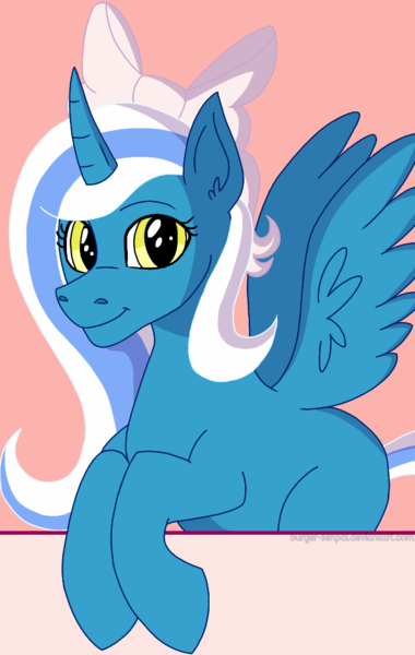 Size: 666x1051 | Tagged: safe, artist:burger-senpai, derpibooru import, oc, oc:fleurbelle, alicorn, pony, adorable face, alicorn oc, bow, cute, female, hair bow, happy, hooves, horn, long hair, long mane, long tail, mare, pink background, ribbon, simple background, smiling, wings, yellow eyes