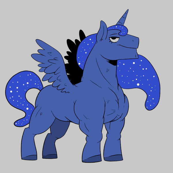 Size: 2000x2000 | Tagged: safe, artist:raph13th, derpibooru import, princess luna, alicorn, pony, buff, colored hooves, female, gray background, lidded eyes, manly, mare, missing cutie mark, muscles, princess muscle moona, simple background, solo, spread wings, trolling, vein bulge, wings