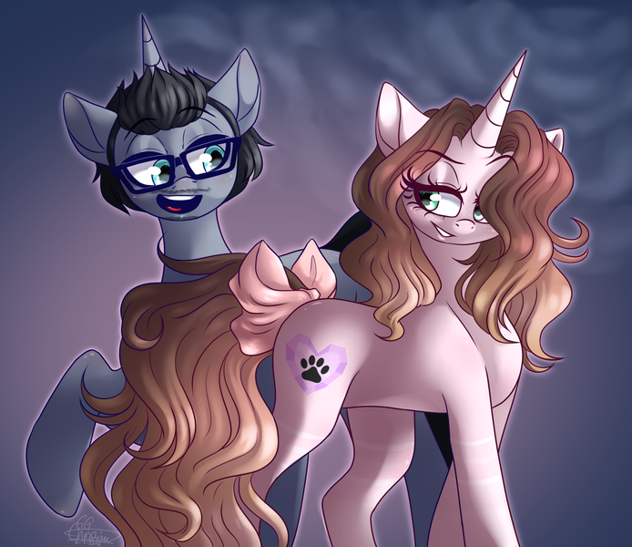 Size: 2050x1773 | Tagged: safe, artist:ggchristian, derpibooru import, oc, oc:cindy, oc:zac, pony, unicorn, bedroom eyes, bow, cinzac, female, glasses, male, mare, stallion, tail bow