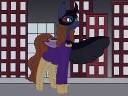 Size: 2740x2055 | Tagged: safe, artist:midnightamber, derpibooru import, oc, oc:barbat gordon, unofficial characters only, bat pony, pony, bat pony oc, bat wings, batgirl, batman, belt, boots, building, cape, city, clothes, dc comics, female, gloves, mare, mask, night, rooftop, shoes, solo, superhero, wings