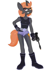 Size: 747x1070 | Tagged: safe, artist:monokron, derpibooru import, oc, oc:incendia, anthro, unicorn, clothes, cutie mark, female, gun, handgun, mare, pistol, simple background, solo, teeth, transparent background, weapon