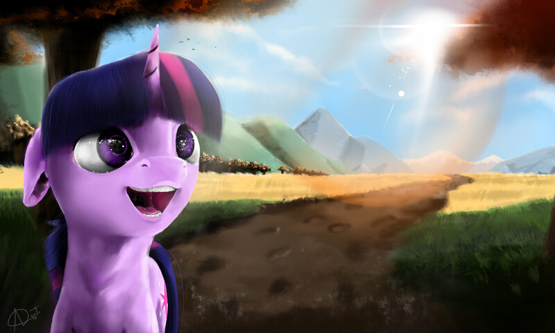 Size: 1534x920 | Tagged: safe, artist:thatdreamerarts, derpibooru import, twilight sparkle, pony, floppy ears, mountain, mountain range, scenery, solo, sun, tree