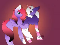 Size: 1024x768 | Tagged: safe, artist:rosamlp18, derpibooru import, oc, oc:chiarezza, oc:rosachara, unofficial characters only, bat pony, pony, vampire, bat pony oc, bat wings, clothes, ear fluff, female, floppy ears, looking at each other, looking back, not an alicorn, prosthetic horn, prosthetics, raised hoof, red background, simple background, socks, socks (coat marking), striped socks, wings