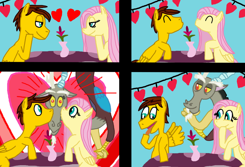 Size: 3149x2154 | Tagged: safe, artist:sb1991, derpibooru import, discord, fluttershy, oc, oc:film reel, pegasus, pony, comic, decoration, flower, giggling, heart, hearts and hooves day, holiday, kiss on the cheek, kissing, kissy face, lidded eyes, pondering, table, valentine's day, vase