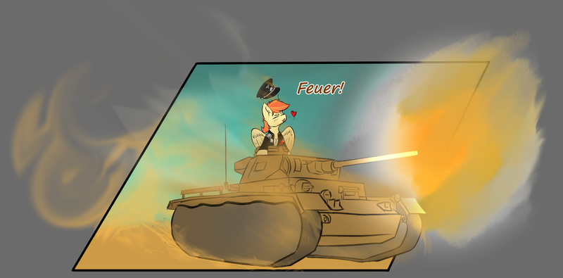 Size: 1693x835 | Tagged: safe, artist:scarrly, derpibooru import, oc, oc:carrot spring, pegasus, pony, clothes, dialogue, nazi, nazi uniform, pz.iii j1, solo, tank (vehicle), uniform, world war ii