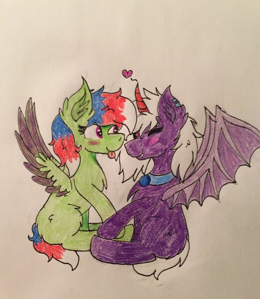 Size: 1041x1200 | Tagged: safe, artist:skycrystal, derpibooru import, oc, oc:chiarezza, oc:emerald storm, unofficial characters only, bat pony, pegasus, pony, :p, bat pony oc, bat wings, blushing, colored pencil drawing, colored sketch, colored wings, ear fluff, ear piercing, fangs, female, heart, holding hooves, jewelry, lesbian, looking at each other, not an alicorn, nuzzling, oc x oc, one eye closed, pendant, piercing, prosthetic horn, prosthetics, shipping, silly, sitting, tongue out, traditional art, wings