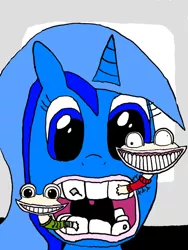 Size: 774x1032 | Tagged: safe, derpibooru import, minuette, pony, worm, 1000 hours in ms paint, background pony strikes again, creepy, dental hygiene, dentist, minigame, nightmare fuel, open mouth, parody, rayman raving rabbids, smiling, teeth, video game, why, worms