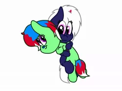 Size: 1024x768 | Tagged: safe, artist:connor d gregory, derpibooru import, oc, oc:chiarezza, oc:emerald storm, unofficial characters only, bat pony, pegasus, pony, bat pony oc, bat wings, colored muzzle, colored wings, female, holding, huggle, lesbian, looking at each other, prosthetic horn, prosthetics, simple background, white background, wings