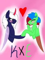 Size: 768x1024 | Tagged: artist needed, safe, derpibooru import, oc, oc:chiarezza, oc:emerald storm, unofficial characters only, bat pony, pony, ^w^, bat pony oc, bat wings, blushing, colored wings, female, giggling, holding hooves, lesbian, looking at each other, love, mare, oc x oc, shipping, underhoof, wings