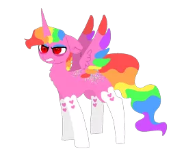 Size: 980x940 | Tagged: safe, artist:nootaz, derpibooru import, oc, oc:prince bloodshed, alicorn, pony, alicorn oc, horn, multicolored hair, rainbow hair, simple background, slit eyes, transparent background, wings