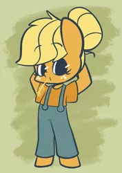 Size: 1043x1472 | Tagged: alternate hairstyle, ambiguous facial structure, applejack, artist:typhwosion, clothes, cute, derpibooru import, dungarees, hair bun, jackabetes, safe, semi-anthro, solo, straw in mouth