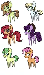 Size: 1440x2448 | Tagged: safe, artist:thr3eguess3s, derpibooru import, oc, oc:apple pie, oc:blackcurrant, oc:freestone peach, oc:jackfruit, oc:pear crumble, oc:raspberry tart, unofficial characters only, pony, cousins, cowboy hat, female, hat, magical gay spawn, magical lesbian spawn, male, mare, neckerchief, offspring, parent:applejack, parent:big macintosh, parent:soarin', parent:sugar belle, parents:soarmac, parents:sugarjack, pointy ponies, simple background, stallion, white background