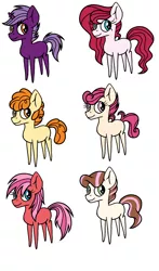 Size: 1440x2448 | Tagged: safe, artist:thr3eguess3s, derpibooru import, oc, oc:cherry delight, oc:coconut ice, oc:damson jam, oc:orange cream, oc:redcurrant darling, oc:strawberry swirl, unofficial characters only, pony, cousins, female, magical lesbian spawn, male, mare, offspring, parent:apple bloom, parent:applejack, parent:babs seed, parent:diamond tiara, parent:sugar belle, parent:twist, parents:babstiara, parents:sugarjack, parents:twistbloom, simple background, stallion, white background