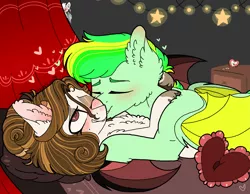 Size: 2535x1972 | Tagged: suggestive, artist:myfantasy08, derpibooru import, oc, oc:equino echonnus, oc:lemony echonnus, bat, bat pony, pony, succubus, bat wings, bedroom eyes, bigger male, blushing, body fluff, chest fluff, colored wings, ear fluff, eyes closed, female, fluffy, folded wings, heart, heart eyes, heart pillow, hoof fluff, king, lemino, lip bite, male, male on top, marriage rings, married, married couple, married couples doing married things, multicolored hair, multicolored wings, natural makeup, neck hug, oc x oc, one eye closed, pillow, ponytail, queen, shipping, small horns, smaller female, sniffing, spread wings, stains, stars, straight, wingding eyes, wings