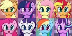 Size: 4000x2000 | Tagged: safe, artist:puetsua, derpibooru import, edit, applejack, fluttershy, pinkie pie, rainbow dash, rarity, starlight glimmer, sunset shimmer, twilight sparkle, twilight sparkle (alicorn), alicorn, earth pony, pegasus, pony, unicorn, applejack's hat, avatar, blushing, bust, cowboy hat, cute, dashabetes, diapinkes, female, glimmerbetes, hat, jackabetes, looking at you, mane eight, mane six, mare, open mouth, portrait, raribetes, shimmerbetes, shyabetes, smiling, twiabetes