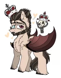 Size: 2099x2699 | Tagged: artist:myfantasy08, beard, body fluff, broken horns, chains, collar, crown, cutie mark, demon, demon horns, demon wings, derpibooru import, ear fluff, eye scar, facial hair, folded wings, glass eye, heart, jewelry, large wings, lock, looking at you, male, married, oc, oc:stanley echonnus, old king, padlock, padlocked collar, ponytail, regalia, safe, scar, simple background, skull, solo, stains, stressed, unofficial characters only, unshorn fetlocks, white background, wings