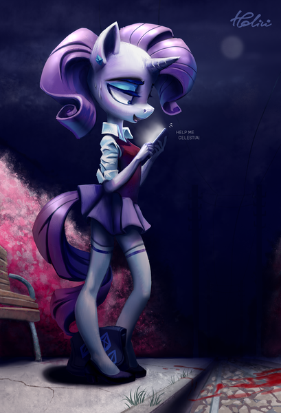 Size: 1771x2598 | Tagged: anthro, artist:holivi, beautiful, bench, bipedal, blood, clothes, cute, derpibooru import, dialogue, edit, editor:calena, female, high heels, miniskirt, mobile phone, moe, moon, phone, plantigrade anthro, rarity, redraw, scared, semi-grimdark, shoes, shoulder bag, skirt, skirt lift, socks, solo, thigh highs, waiting, younger, zettai ryouiki