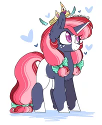 Size: 2199x2699 | Tagged: safe, artist:myfantasy08, derpibooru import, oc, oc:meggan radiant, cow, pony, beautiful mane, bow, chest fluff, crown, eyelashes, female, freckles, head fluff, heart, hoof fluff, jewelry, looking up, magic crown, mane bow, married, multicolored body, multicolored mane, regalia, solo, standing, tail bow, unicorn cow, wings