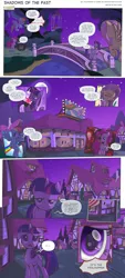 Size: 2250x4965 | Tagged: safe, artist:perfectblue97, derpibooru import, fluttershy, pinkie pie, rainbow dash, rarity, twilight sparkle, ponified, earth pony, pegasus, pony, unicorn, comic:shadows of the past, broderbund, carmen sandiego, censored, cloak, clothes, comic, eye reflection, mare in the moon, moon, ponyville, poster, reflection, royal guard, shadow, unicorn twilight, unnecessary censorship