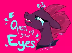 Size: 1280x944 | Tagged: safe, artist:diginami, derpibooru import, tempest shadow, pony, unicorn, broken horn, bust, crying, floppy ears, horn, no more ponies at source, open up your eyes, pink background, portrait, profile, simple background, solo