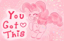 Size: 832x546 | Tagged: safe, artist:hime--sweetiepie, derpibooru import, pinkie pie, pony, blushing, cute, dialogue, diapinkes, eyes closed, heart, positive ponies, solo, speech bubble, stars, you got this