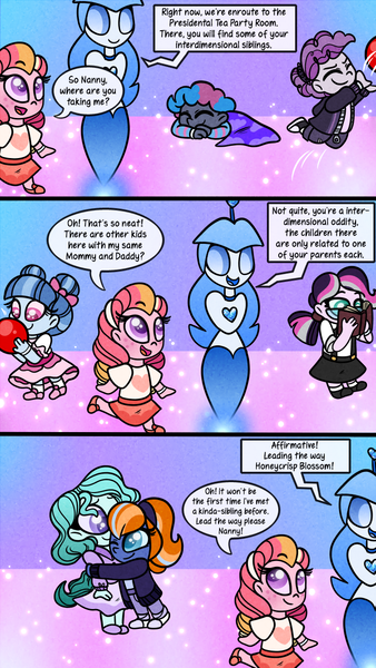 Size: 720x1280 | Tagged: safe, artist:carouselunique, artist:little-tweenframes, derpibooru import, oc, oc:blueberry blast, oc:dusk horizon, oc:honeycrisp blossom, oc:hyacinth, oc:marigold twinkle, oc:nova star sparkle, oc:pompadour punk, comic:little blossom lost, series:sciset diary, equestria girls, clothes, comic, female, nanny, nannybot, offspring, parent:big macintosh, parent:chancellor neighsay, parent:princess cadance, parent:twilight sparkle, parents:cadmac, security, security robot