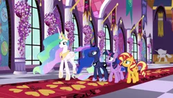 Size: 1920x1080 | Tagged: safe, derpibooru import, screencap, princess celestia, princess luna, sunset shimmer, twilight sparkle, twilight sparkle (alicorn), alicorn, pony, unicorn, equestria girls, equestria girls series, forgotten friendship, canterlot castle, carpet, decoration, ethereal mane, female, flag, flower, hallway, lavender, line-up, mare, mural, quartet, red carpet, statue, window