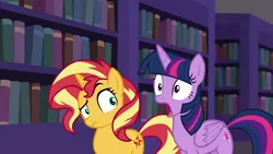 Size: 1920x1080 | Tagged: safe, derpibooru import, screencap, sunset shimmer, twilight sparkle, twilight sparkle (alicorn), alicorn, pony, unicorn, equestria girls, equestria girls series, forgotten friendship, book, bookshelf, female, gasp, jaw drop, library, mare, raised eyebrow