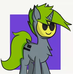 Size: 720x733 | Tagged: safe, derpibooru import, oc, pony, unicorn, chest fluff, covered face, emotionless, face mask, first time, gray coat, green mane, green tail, hiding face, mask, simple background, smiley face, solo