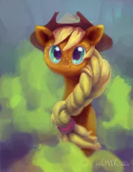 Size: 1000x1293 | Tagged: safe, artist:incmyk, derpibooru import, applejack, earth pony, pony, braid, cute, jackabetes, looking at you, solo