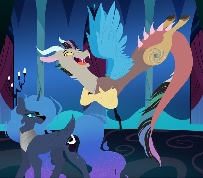 Size: 3816x3344 | Tagged: safe, artist:nathy2001, derpibooru import, oc, oc:loki, oc:lunar collapse, unofficial characters only, alicorn, draconequus, hybrid, pony, alicorn oc, cousins, draconequus oc, duo, ethereal mane, female, floating, gradient mane, horn, interspecies offspring, male, mare, offspring, parent:discord, parent:king sombra, parent:princess celestia, parent:princess luna, parents:dislestia, parents:lumbra, starry mane, wings