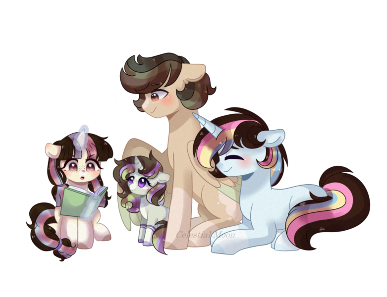 Size: 2604x2000 | Tagged: safe, artist:moon-rose-rosie, derpibooru import, oc, oc:blue thunder, oc:crystal moonlight, oc:loveless spells, oc:nathalia elizabeth, pegasus, pony, unicorn, book, female, filly, magic, male, mare, prone, stallion