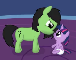 Size: 3677x2895 | Tagged: safe, artist:craftycirclepony, derpibooru import, twilight sparkle, twilight sparkle (alicorn), oc, oc:anonfilly, alicorn, pony, ail-icorn, spoiler:interseason shorts, age regression, baby, baby pony, babylight sparkle, chest fluff, cute, diaper, duo, female, filly, foal, frown, image, looking at each other, looking down, png, raised leg, sad, sitting, smiling, smug, twiabetes, twilight's castle, younger