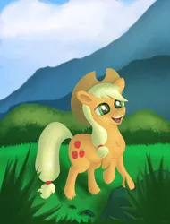 Size: 2246x2960 | Tagged: safe, artist:coldmix, derpibooru import, applejack, pony, chest fluff, female, grass, mare, raised hoof, solo