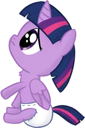 Size: 980x1476 | Tagged: safe, artist:craftycirclepony, derpibooru import, twilight sparkle, twilight sparkle (alicorn), alicorn, pony, ail-icorn, spoiler:interseason shorts, age regression, baby, baby pony, babylight sparkle, chest fluff, cute, diaper, female, foal, frown, image, png, raised leg, sad, simple background, sitting, solo, transparent background, twiabetes, younger