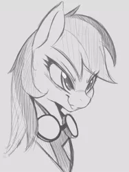 Size: 600x796 | Tagged: safe, artist:tre, derpibooru import, rainbow dash, pegasus, pony, black and white, bust, female, goggles, grayscale, mare, monochrome, simple background, sketch, smiling, solo