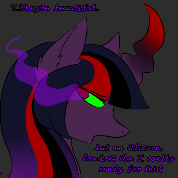 Size: 600x600 | Tagged: safe, artist:sinsays, derpibooru import, part of a set, twilight sparkle, twilight sparkle (alicorn), alicorn, pony, ask corrupted twilight sparkle, colored horn, corrupted, corrupted twilight sparkle, curved horn, dark, dark equestria, dark magic, dark queen, dark world, ear fluff, ethereal mane, female, horn, implied king sombra, implied shipping, implied straight, jagged horn, looking at someone, looking at someone who should be there in our place and perspective, magic, part of a series, possessed, queen twilight, solo, sombra empire, sombra eyes, sombra's horn, tumblr, tyrant sparkle