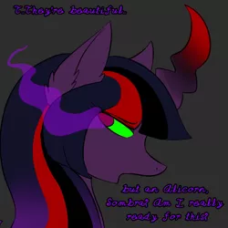 Size: 600x600 | Tagged: safe, artist:sinsays, derpibooru import, part of a set, twilight sparkle, twilight sparkle (alicorn), alicorn, pony, ask corrupted twilight sparkle, colored horn, corrupted, corrupted twilight sparkle, curved horn, dark, dark equestria, dark magic, dark queen, dark world, ear fluff, ethereal mane, female, horn, implied king sombra, implied shipping, implied straight, jagged horn, looking at someone, looking at someone who should be there in our place and perspective, magic, part of a series, possessed, queen twilight, solo, sombra empire, sombra eyes, sombra's horn, tumblr, tyrant sparkle