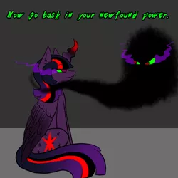 Size: 600x600 | Tagged: safe, artist:sinsays, derpibooru import, part of a set, king sombra, twilight sparkle, twilight sparkle (alicorn), alicorn, pony, umbrum, ask corrupted twilight sparkle, color change, colored horn, corrupted, corrupted twilight sparkle, curved horn, cutie mark, dark, dark equestria, dark magic, dark queen, dark world, darkened coat, darkened hair, duo, duo male and female, ear fluff, ethereal mane, female, horn, implied shipping, implied straight, jagged horn, looking at each other, looking at you, magic, male, male and female, master and student, part of a series, possessed, queen twilight, solo, sombra empire, sombra eyes, sombra's horn, teacher and student, tumblr, tyrant sparkle