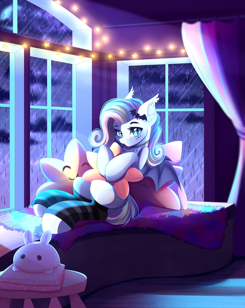 Size: 4245x5334 | Tagged: safe, artist:airiniblock, derpibooru import, oc, unofficial characters only, bat pony, pony, absurd resolution, bat pony oc, bat wings, clothes, cloud, female, looking at you, mare, rain, rcf community, socks, solo, stars, striped socks, window, wings