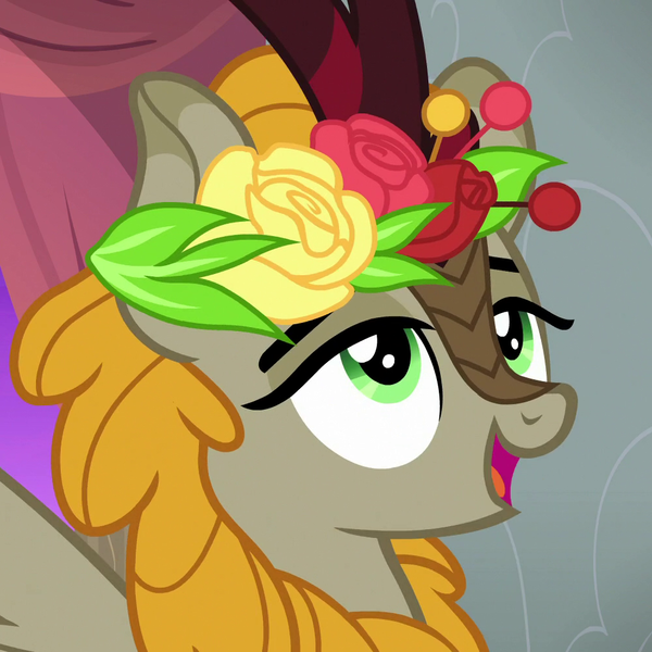 Size: 1000x1000 | Tagged: a kirin tale, cropped, derpibooru import, fall flower, female, floral head wreath, flower, kirin, lidded eyes, safe, screencap, solo, sounds of silence