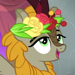 Size: 1000x1000 | Tagged: a kirin tale, cropped, derpibooru import, fall flower, female, floral head wreath, flower, kirin, lidded eyes, safe, screencap, solo, sounds of silence