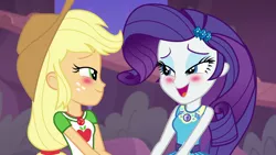 Size: 1920x1080 | Tagged: safe, derpibooru import, screencap, applejack, rarity, equestria girls, equestria girls series, rollercoaster of friendship, blushing, context is for the weak, female, geode of shielding, geode of super strength, magical geodes, not an edit, out of context, shipping fuel