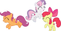 Size: 5878x3000 | Tagged: safe, artist:cloudyglow, artist:parclytaxel, derpibooru import, apple bloom, scootaloo, sweetie belle, earth pony, pegasus, pony, unicorn, the break up breakdown, .ai available, bow, cute, cutealoo, cutie mark, cutie mark crusaders, diasweetes, eyes closed, female, filly, hair bow, open mouth, simple background, the cmc's cutie marks, transparent background, vector
